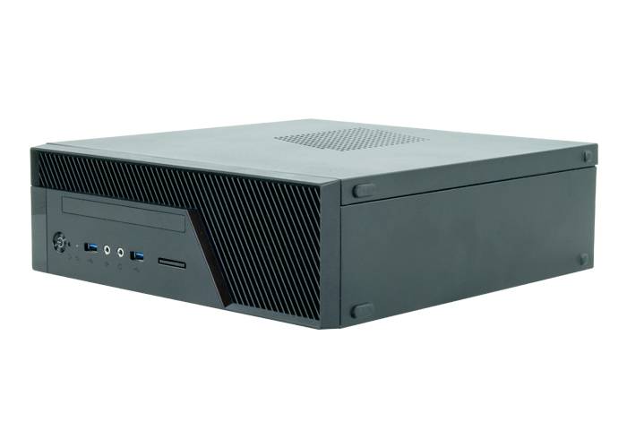 Un computer desktop nero con porte USB e audio sul lato anteriore, in posizione verticale.