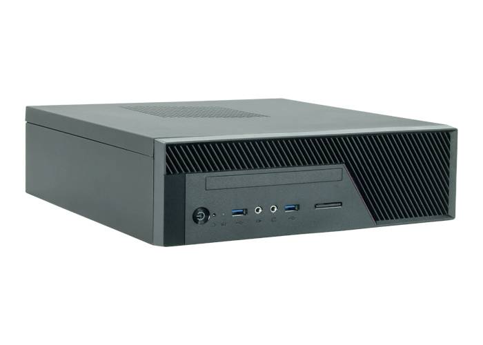 Un mini PC nero con porte USB e jack audio sul davanti, ideale per applicazioni informatiche che richiedono poco spazio.