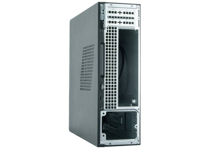Un case per computer vuoto, nero, con griglie di ventilazione visibili e slot vuoti per componenti sul retro.
