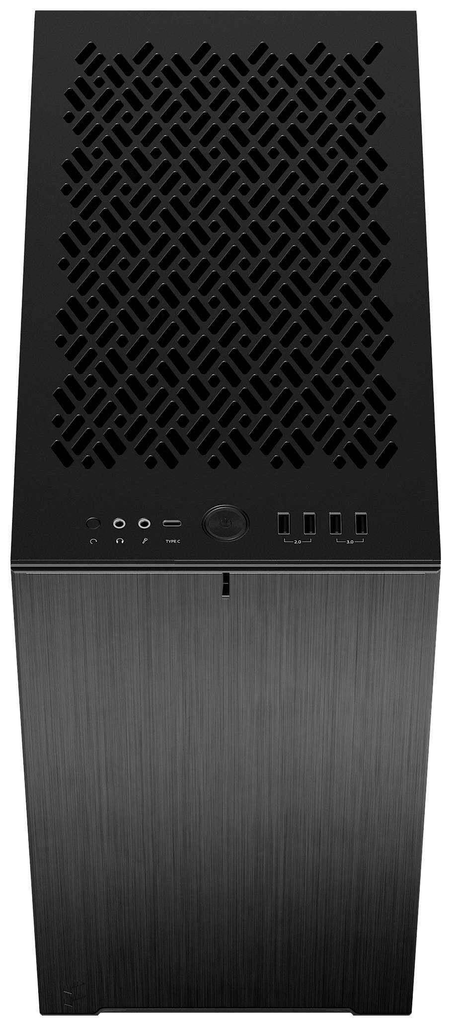 Un alto torre per computer rettangolare con un motivo a griglia sulla parte superiore e diversi connettori sul lato anteriore.