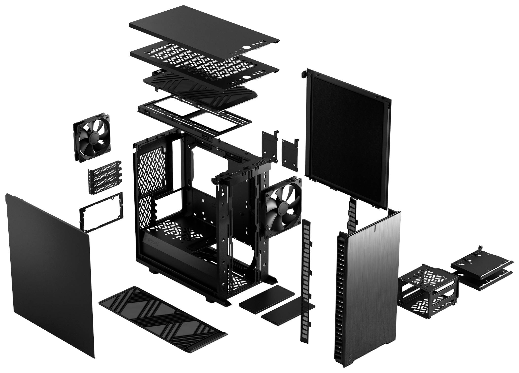Vista esplosa di un case per computer con tutti i componenti, inclusi ventole, pareti del case e telai di montaggio, disposti in modo dettagliato.