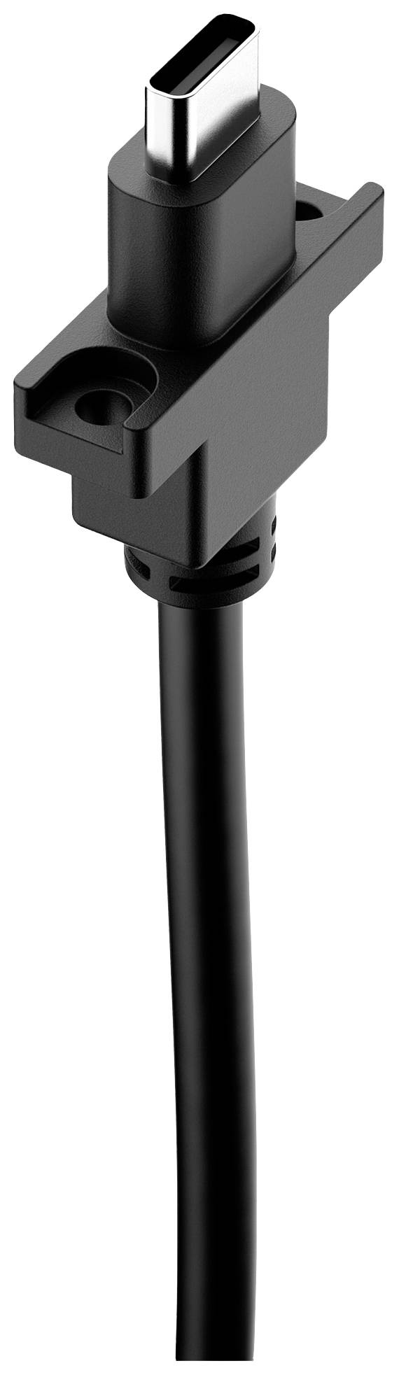 Cavo USB-C nero con viti di fissaggio per un collegamento stabile; ideale per installazioni di dispositivi fissi e una presa salda.