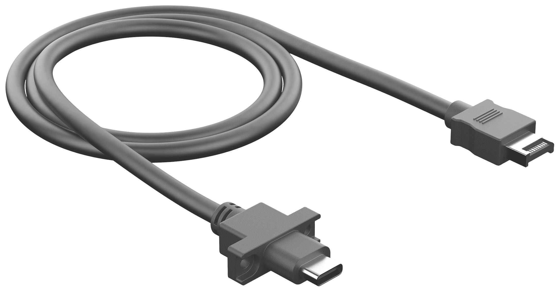 Un cavo USB grigio con un connettore USB-C su un lato e un connettore micro-USB sull'altro lato.