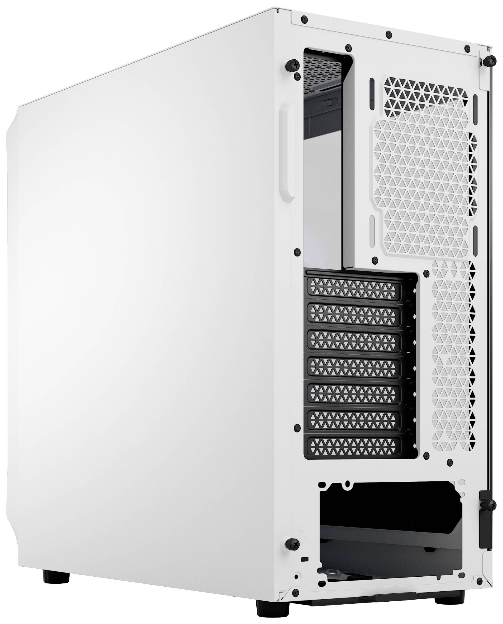 Case per PC in bianco, vista posteriore con diversi slot di espansione. Griglie di ventilazione visibili sia in alto che in basso.