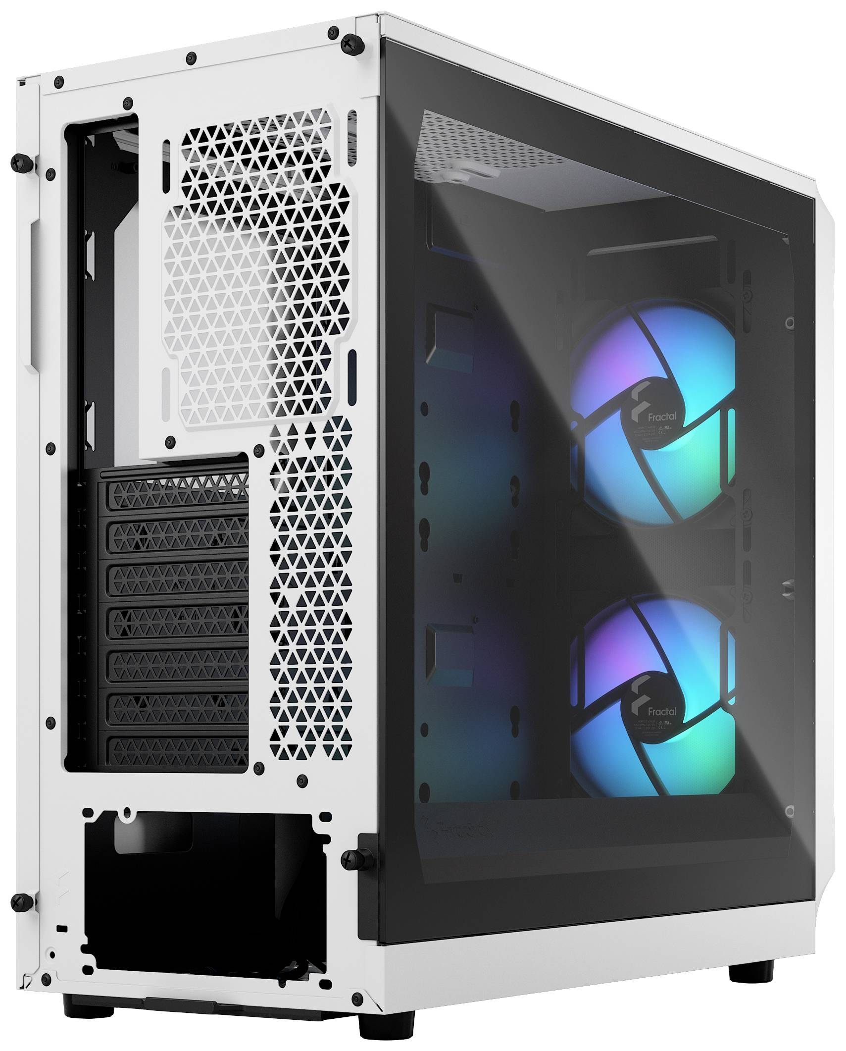 Un case per PC bianco con due ventole illuminate sui lati e un pannello laterale trasparente che mostra l'interno.