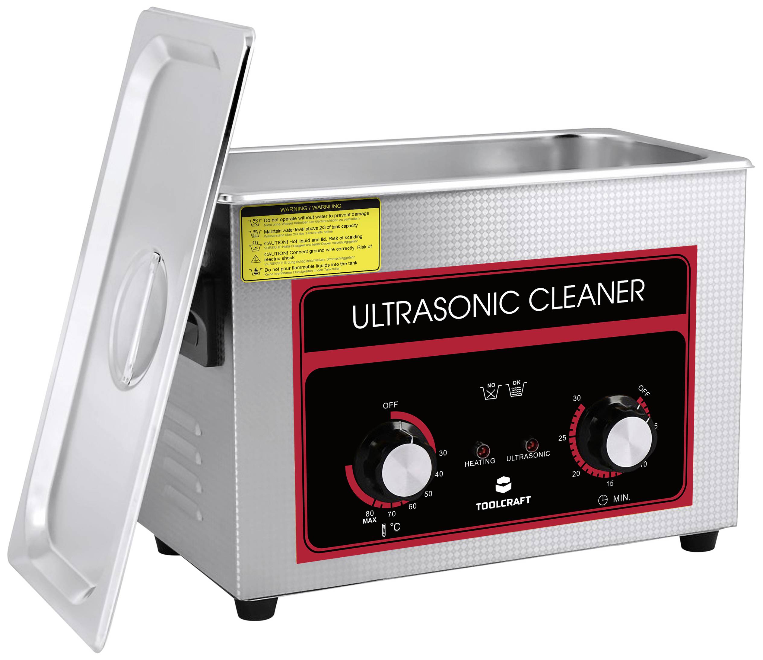 Pulitore a ultrasuoni con coperchio aperto, due manopole per riscaldamento e ultrasuoni. Pannello di controllo rosso con scritta 'ULTRASONIC CLEANER'.