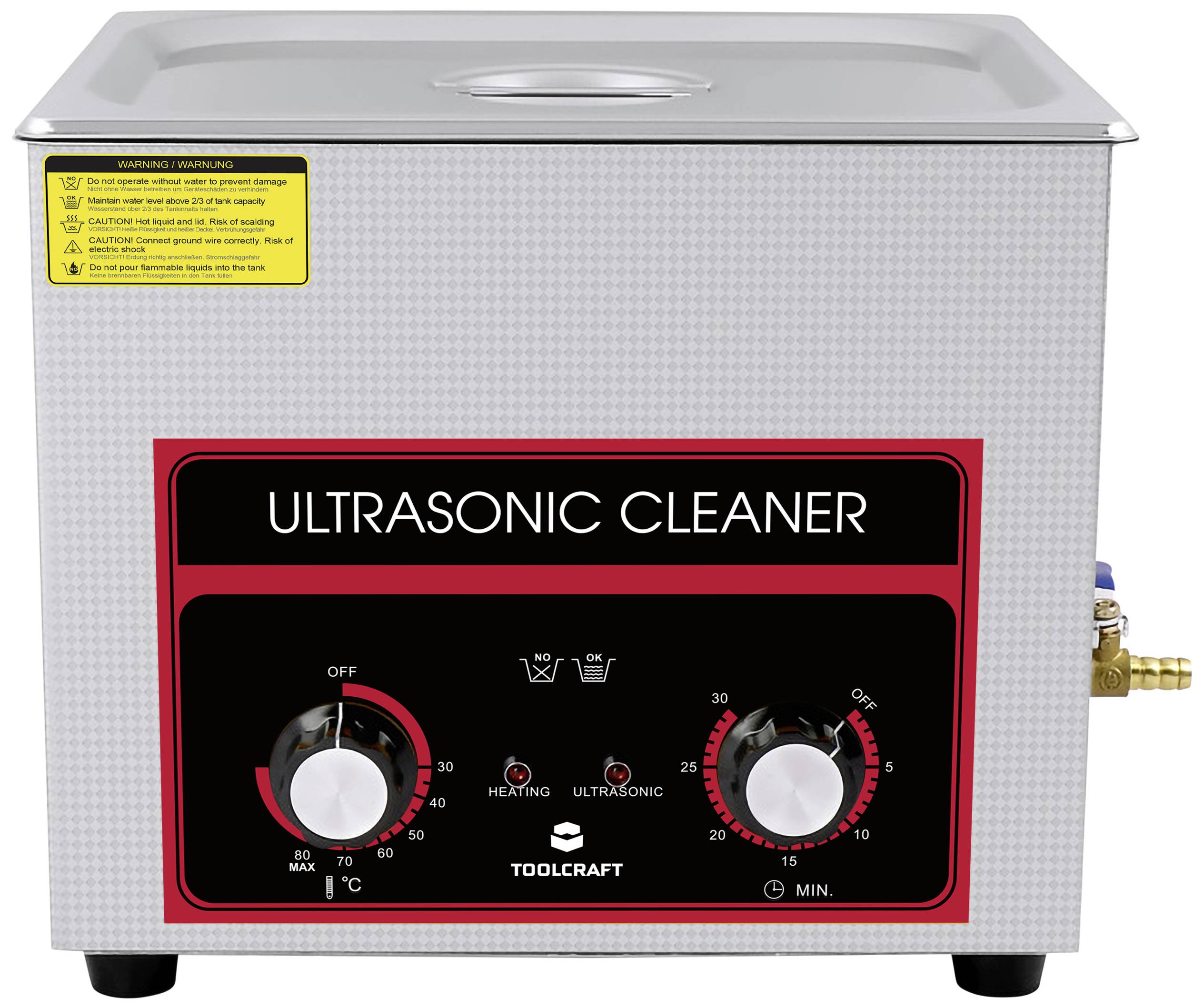 Pulitore a ultrasuoni con involucro grigio, due manopole per temperatura e timer, pannello di controllo nero con testo rosso 'Ultrasonic Cleaner'.