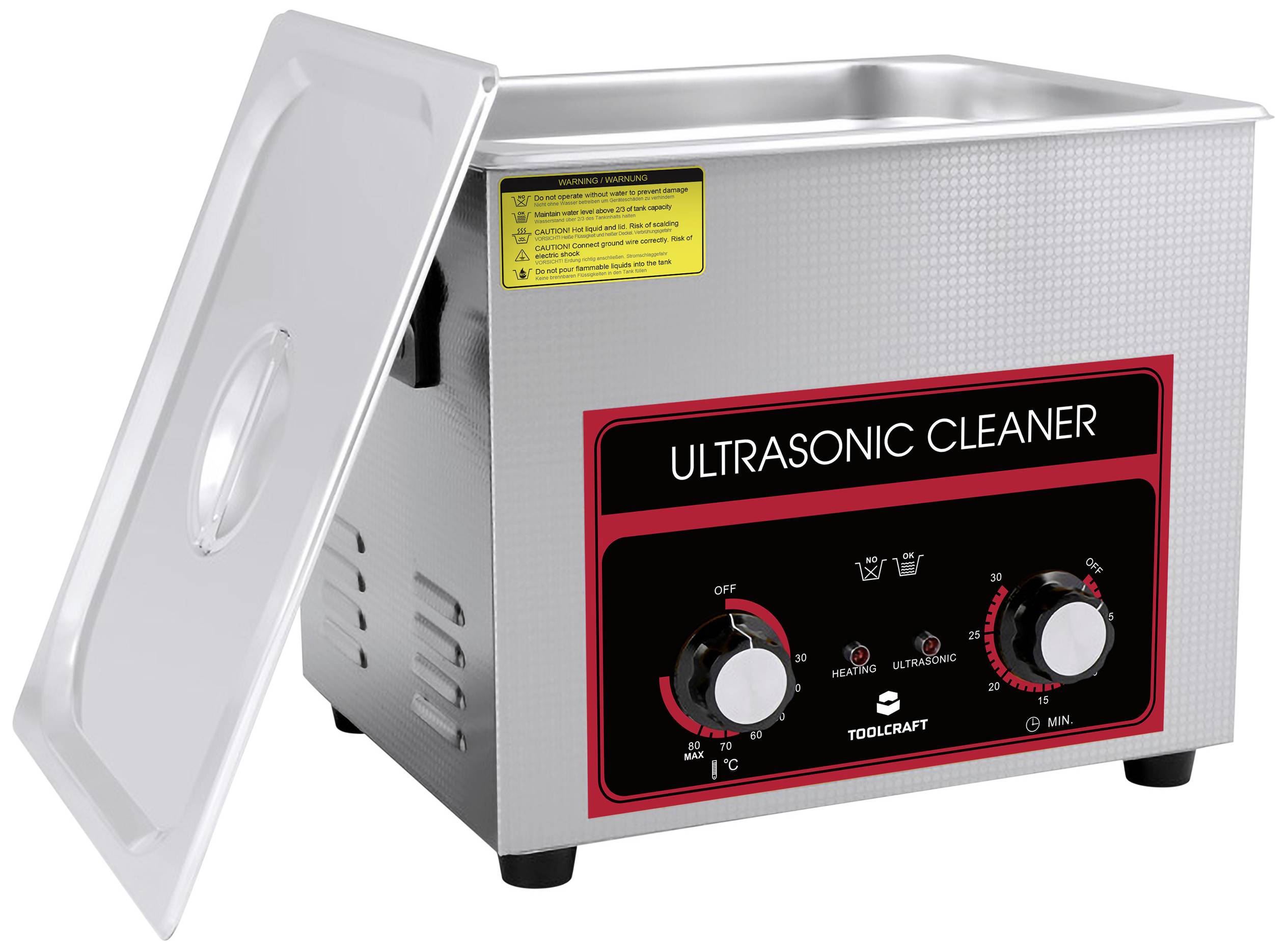 Pulitore a ultrasuoni con coperchio aperto e comandi per tempo e temperatura.