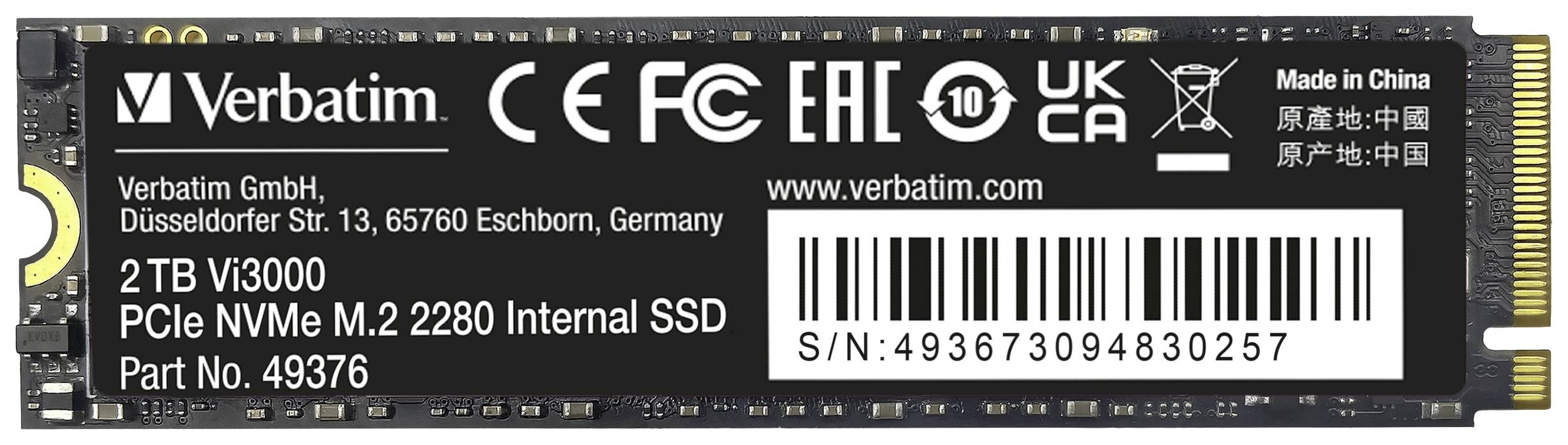 'Verbatim 2 TB Vi3000 PCIe NVMe M.2 2280 SSD interno, Codice articolo 49376, fabbricato in Cina. Sede aziendale a Eschborn, Germania.'