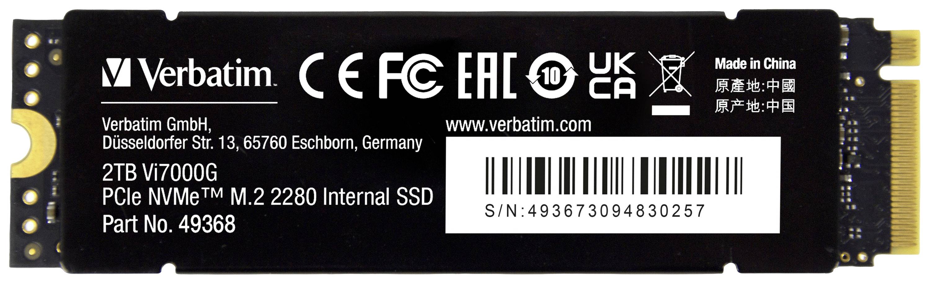 'Verbatim 2 TB VT7000G PCIe NVMe M.2 2280 SSD interno, Modello 49368, fabbricato in Cina, Numero di serie 493673094830257.'