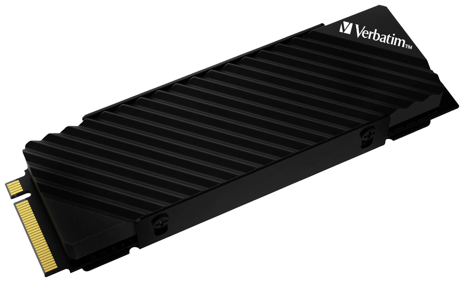 Un SSD Verbatim nero con connettore dorato e dissipatore di calore zigrinato, rappresentato in vista prospettica.