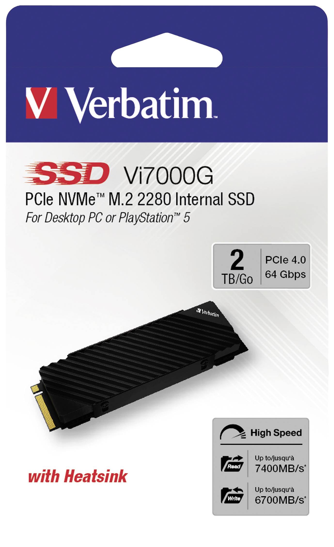 'Verbatim SSD Vi7000G PCIe NVMe M.2 2280, 2 TB, PCIe 4.0, 64 Gbps. Fino a 7400 MB/s in lettura, 7000 MB/s in scrittura. Con dissipatore di calore.'