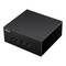Un mini PC rettangolare ASUS con un involucro nero. Sulla parte anteriore sono visibili delle porte di connessione e un interruttore di accensione.