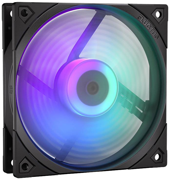 Un ventilatore per computer illuminato con LED RGB che passano gradualmente dal blu al viola, inserito in un telaio nero.
