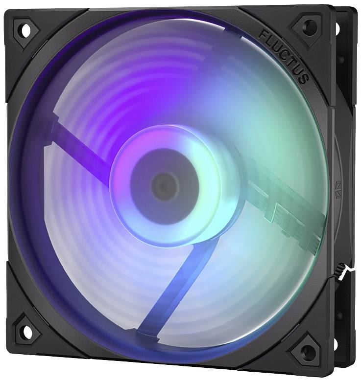 Un ventilatore PC con LED RGB crea un motivo luminoso multicolore. Al centro, è visibile un rotore in rotazione.