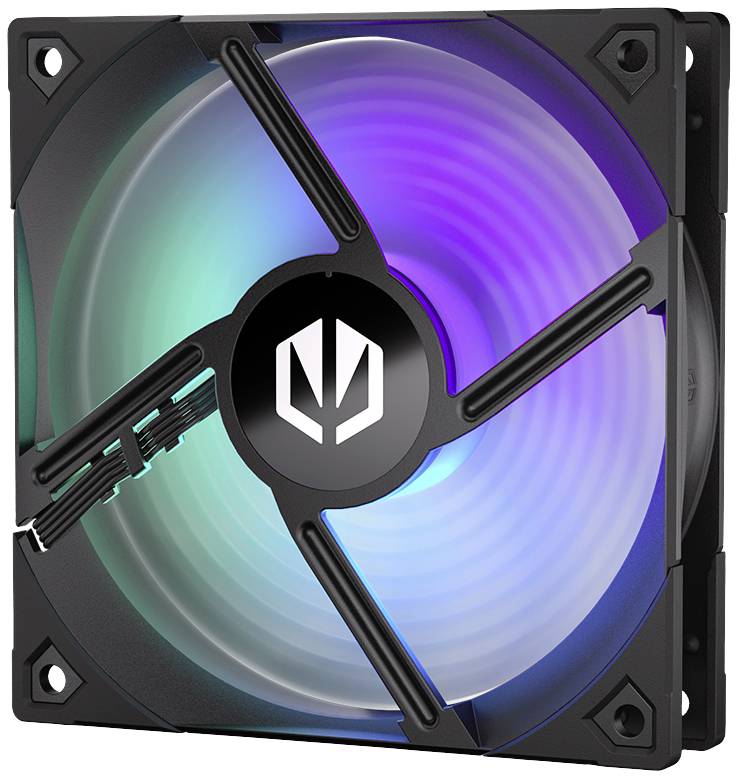 Un ventilatore quadrato per computer con luci colorate e luminose in una cornice scura; il logo di un marchio al centro.