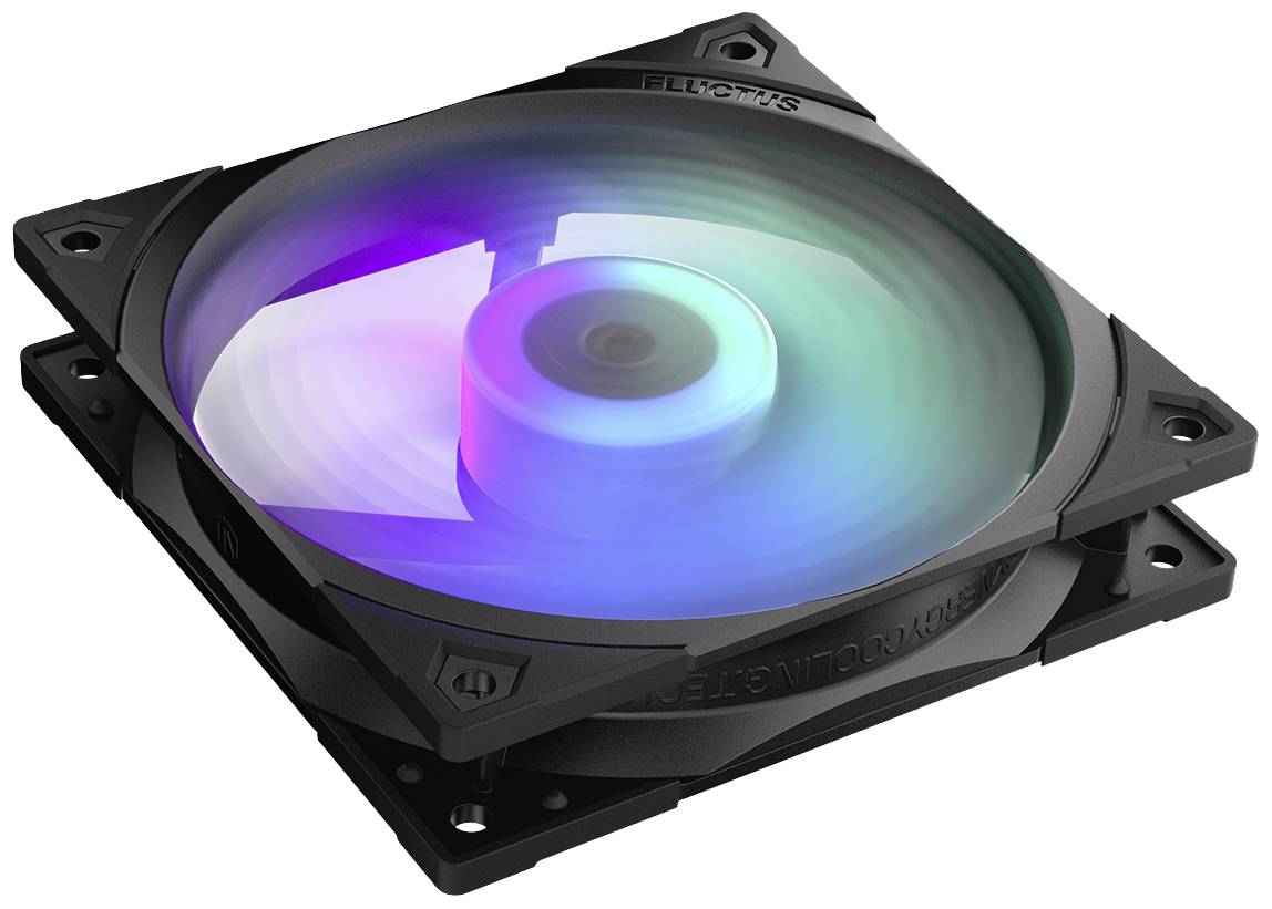 Un ventilatore per computer con illuminazione RGB mostra uno spettro di colori durante il funzionamento, integrato in un design con cornice nera.