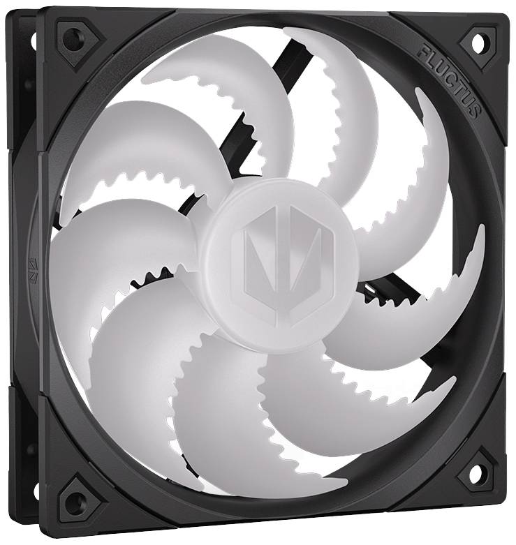 Ventola per computer nera con sei pale bianche e curve. Adatta per il raffreddamento nei PC, garantisce un flusso d'aria silenzioso.