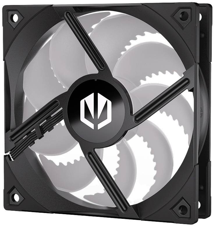 Un ventilatore nero per computer con un cerchio rotore trasparente, contrassegnato al centro da un logo stilizzato a forma di 'M'.