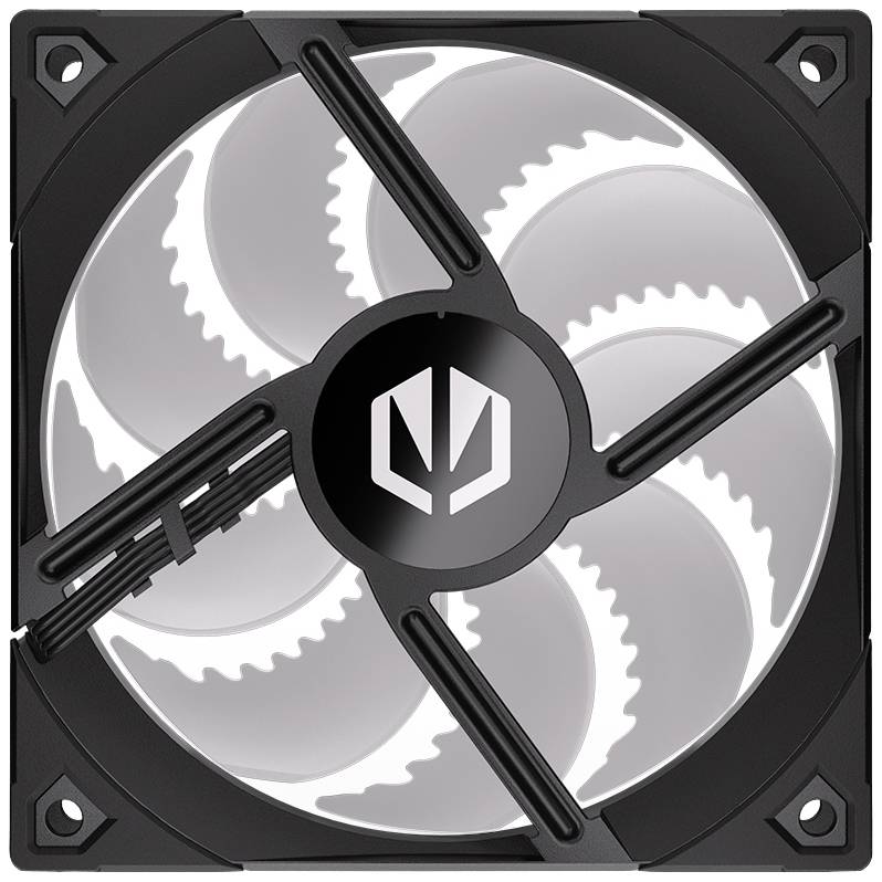 Un ventilatore nero per computer con pale rotanti bianche e un logo centrale. Adatto per il raffreddamento nei PC.