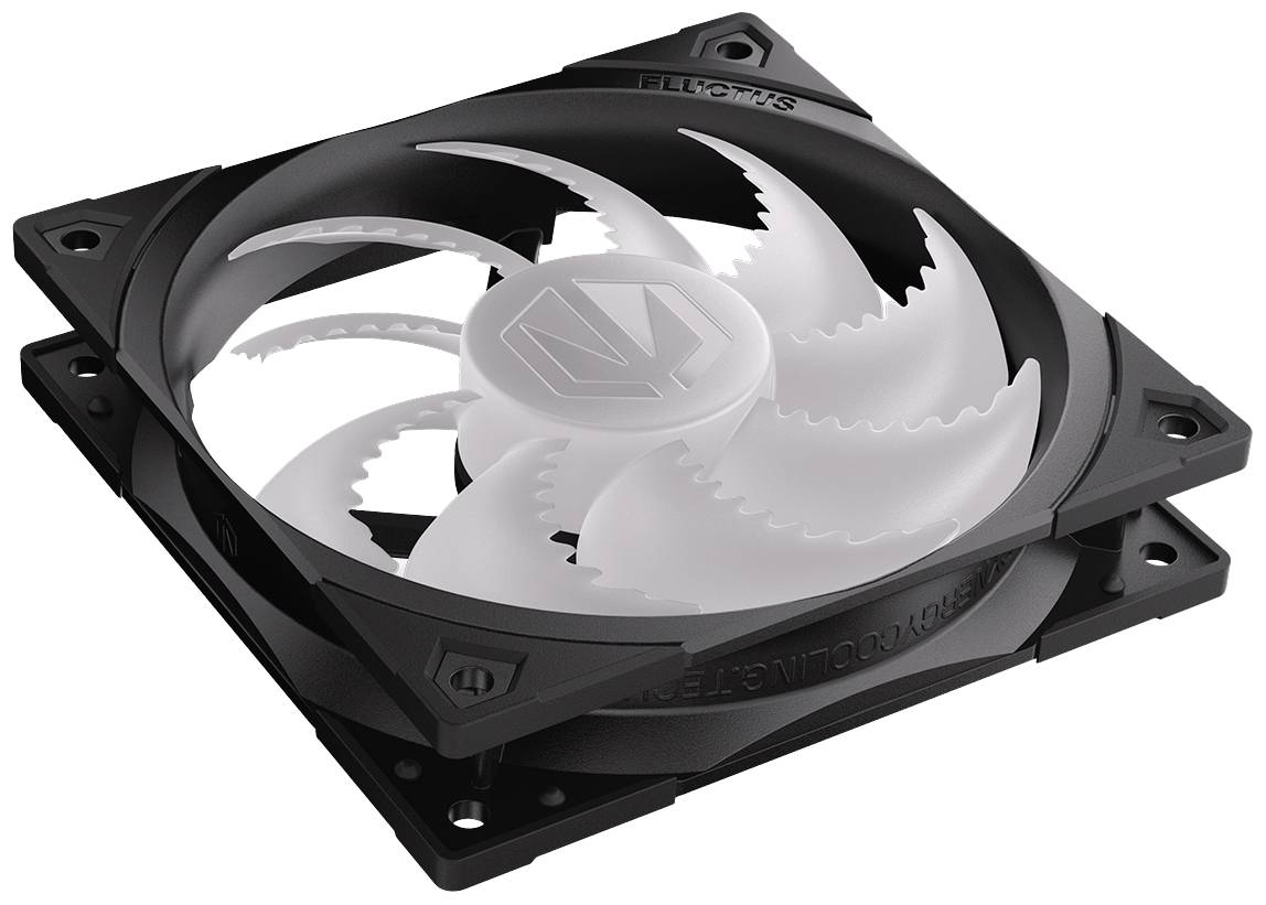 Un ventilatore per PC bianco e nero con pale rotanti curve, progettato per un raffreddamento efficiente all'interno dei case per computer.