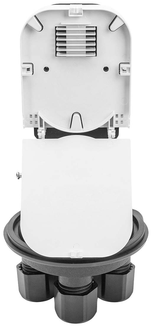 Un dispositivo elettrico aperto con coperchio sollevato e interno visibile, con connessioni dei cavi sottostanti.