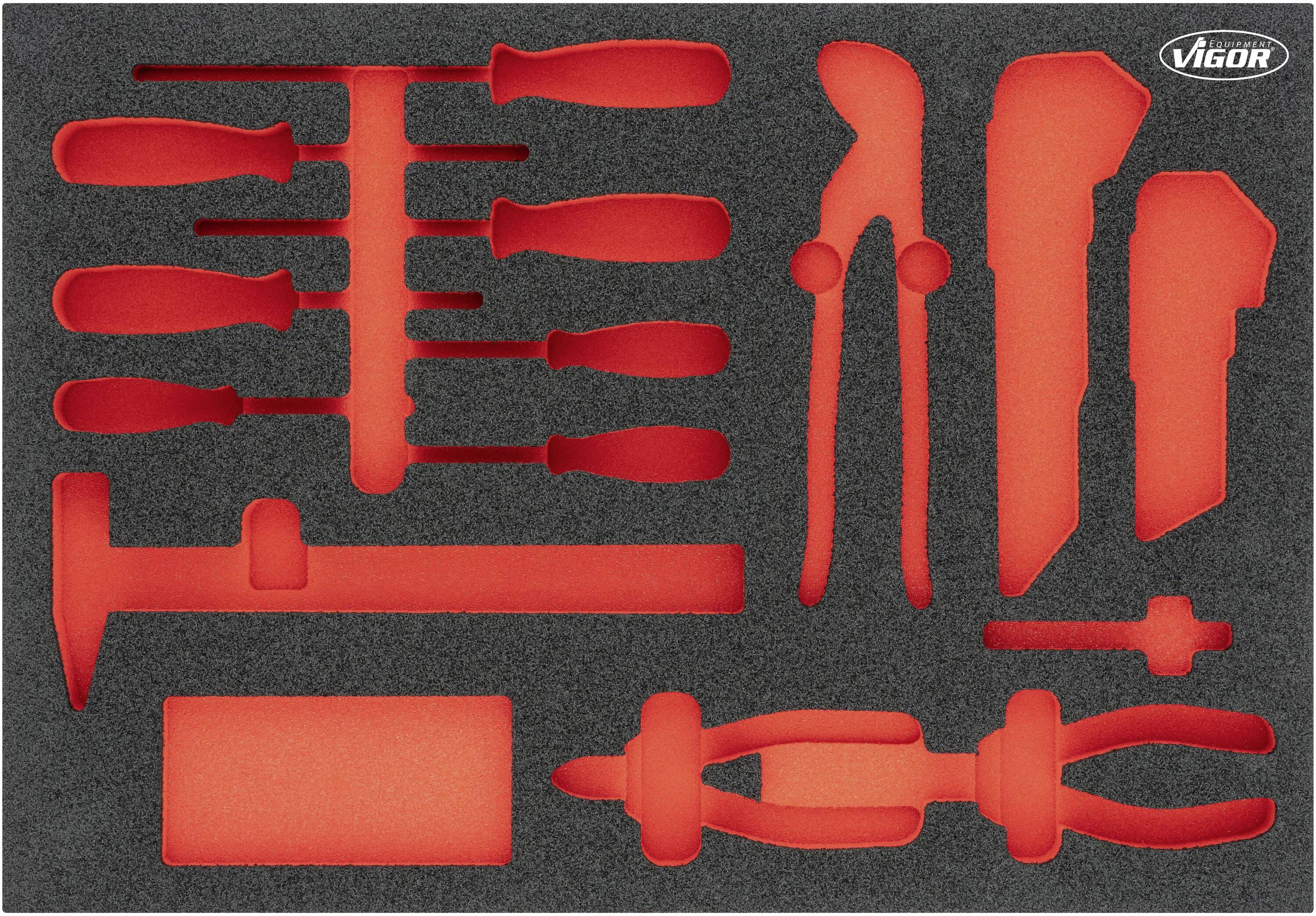 Inserto in schiuma con vari utensili manuali evidenziati in rosso, tra cui cacciaviti, pinze e un martello.