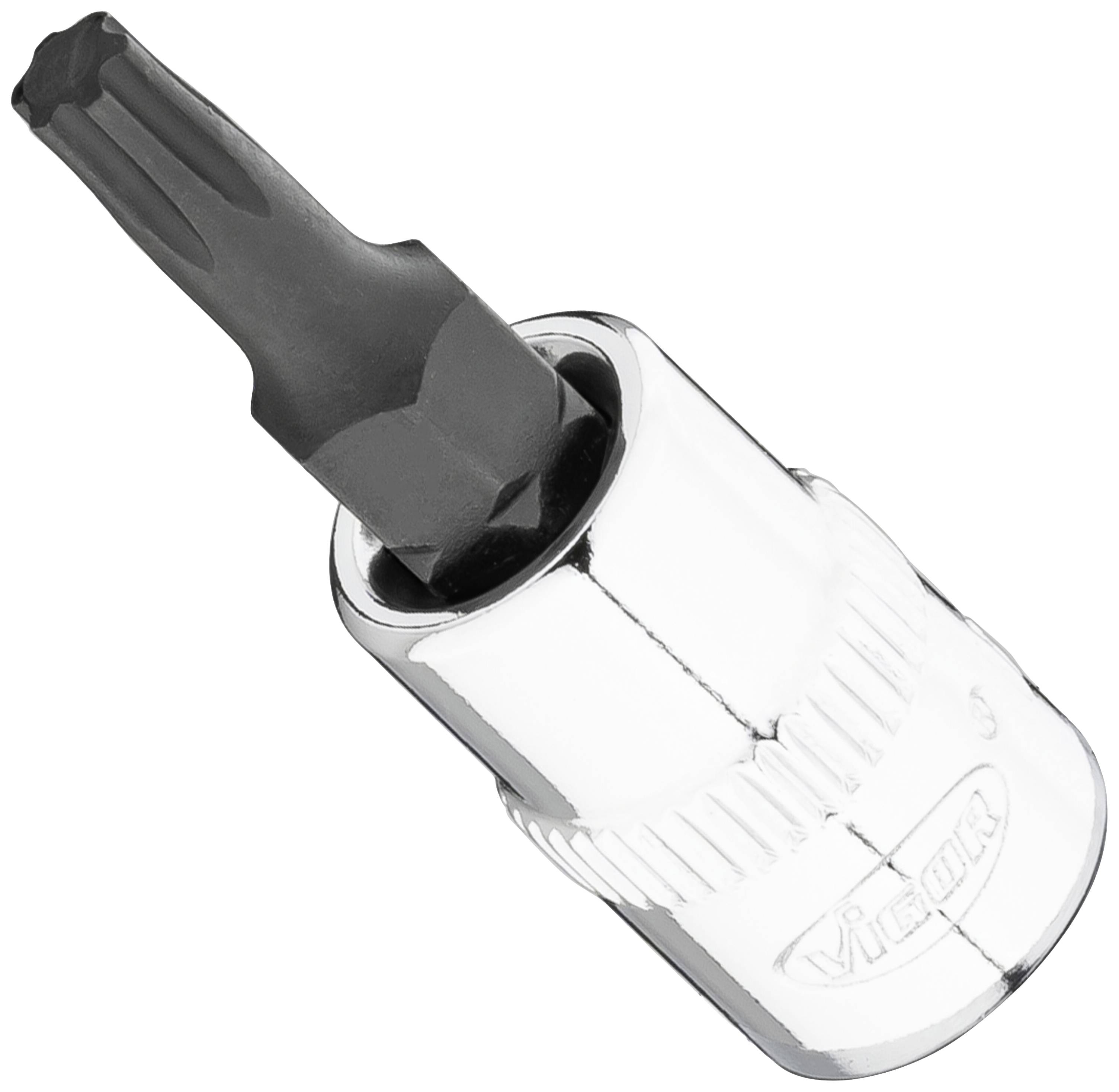 Inserto per cacciavite con testa Torx, metallo color argento, estremità nera. Strumento comune in meccanica ed elettrotecnica.