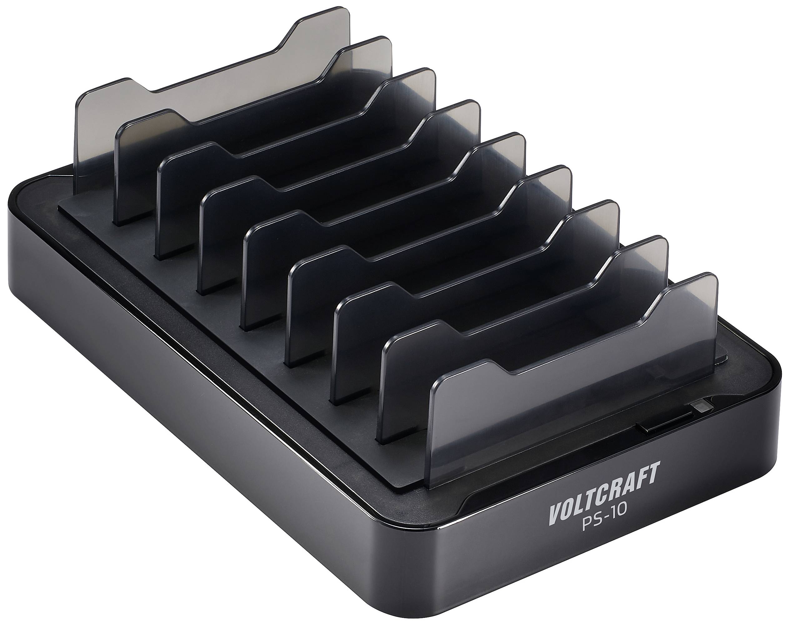 Un caricabatterie nero con più slot per dispositivi, adatto per la ricarica simultanea. Nome del marchio 'Voltcraft PS-10'.