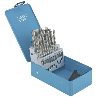 Set di punte per metallo in scatola blu. Diverse dimensioni di punte da 1 a 13 mm, disposte in un supporto.