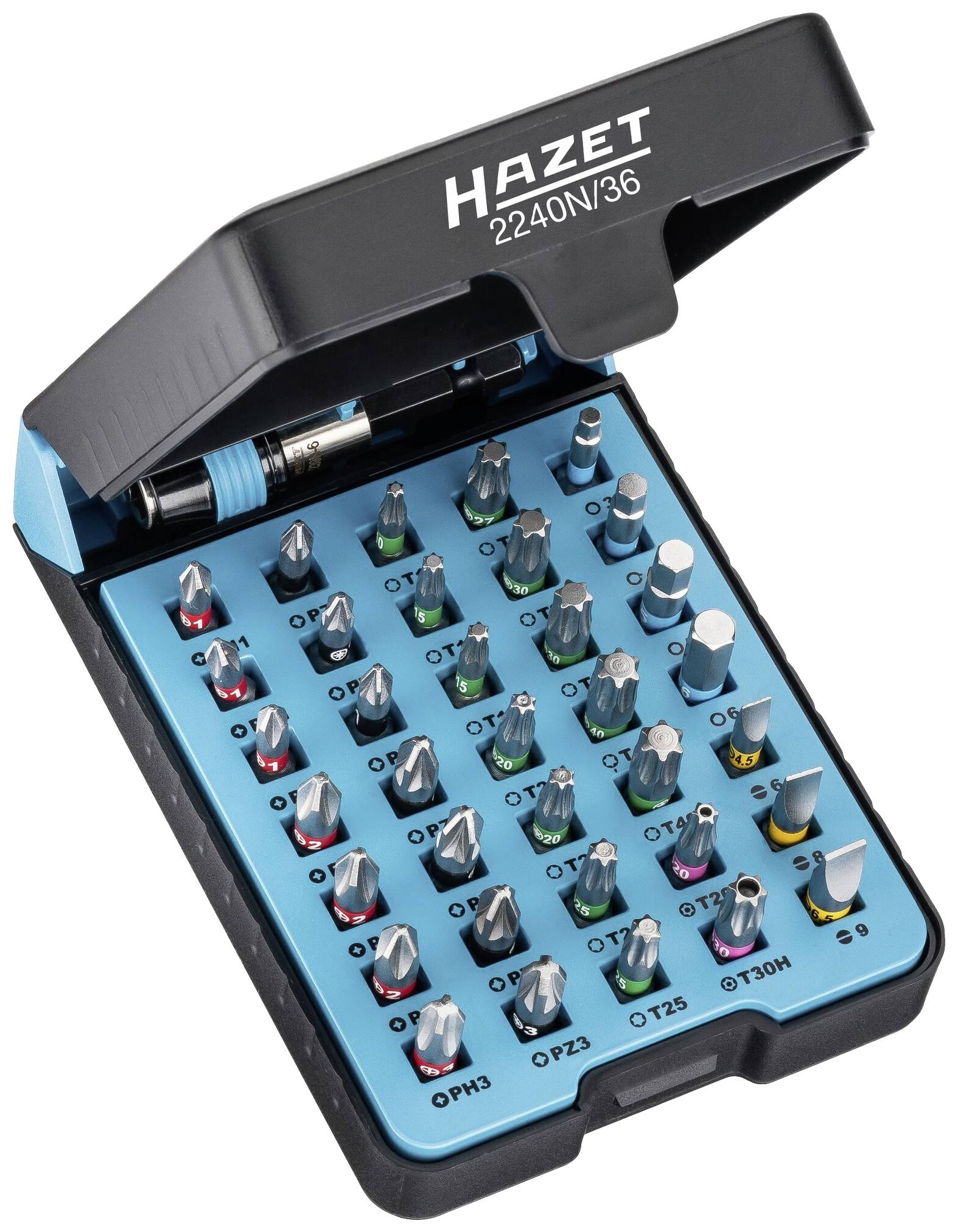 Set di bit Hazet con 36 bit diversi in un astuccio blu e nero. Adatto per lavori di avvitamento, utilizzo flessibile.