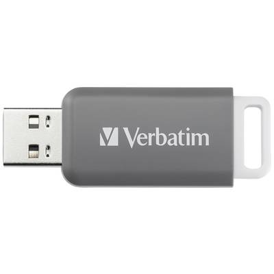 Una chiavetta USB grigia del marchio Verbatim con un cappuccio bianco.