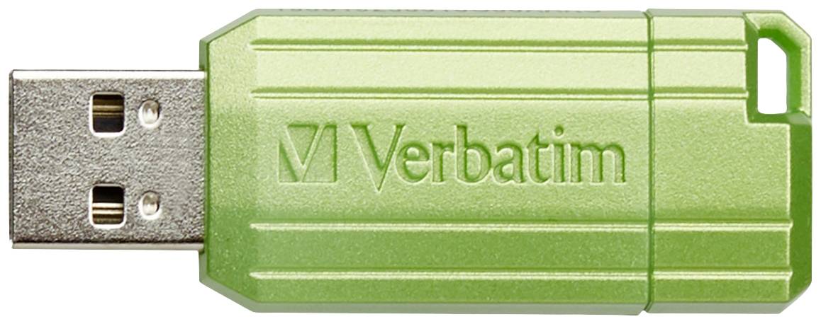 Chiavetta USB verde con la scritta 'Verbatim'. Progettata per l'archiviazione e il trasferimento di dati.