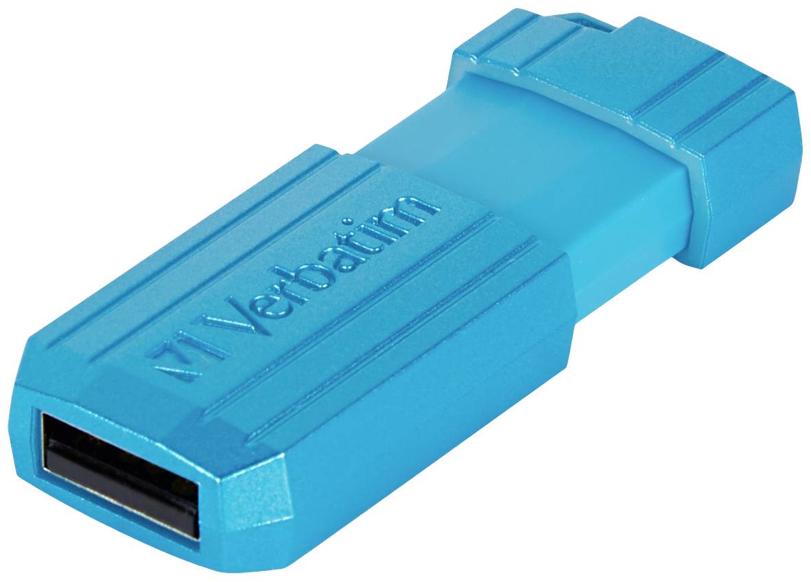 Una chiavetta USB blu con la scritta 'Verbatim', di forma rettangolare, utilizzata per l'archiviazione di dati digitali.