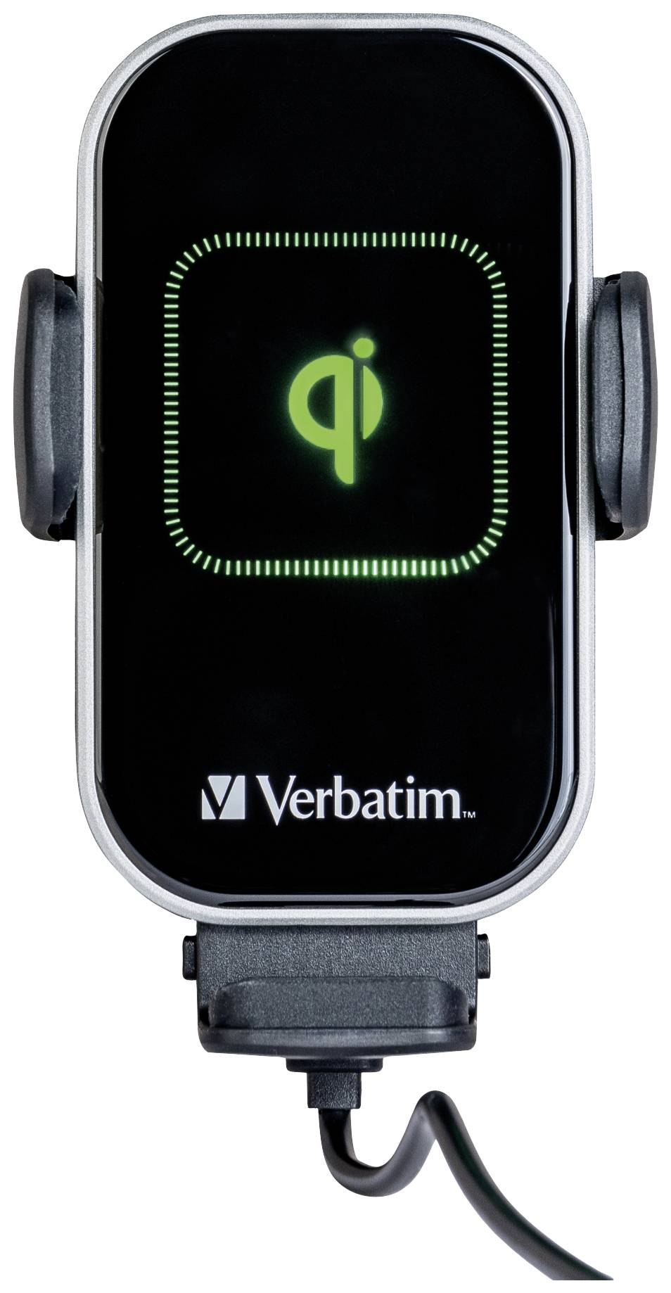 Caricabatterie wireless di Verbatim. Il logo Qi al centro si illumina di verde. Supporti laterali per il fissaggio dei dispositivi.
