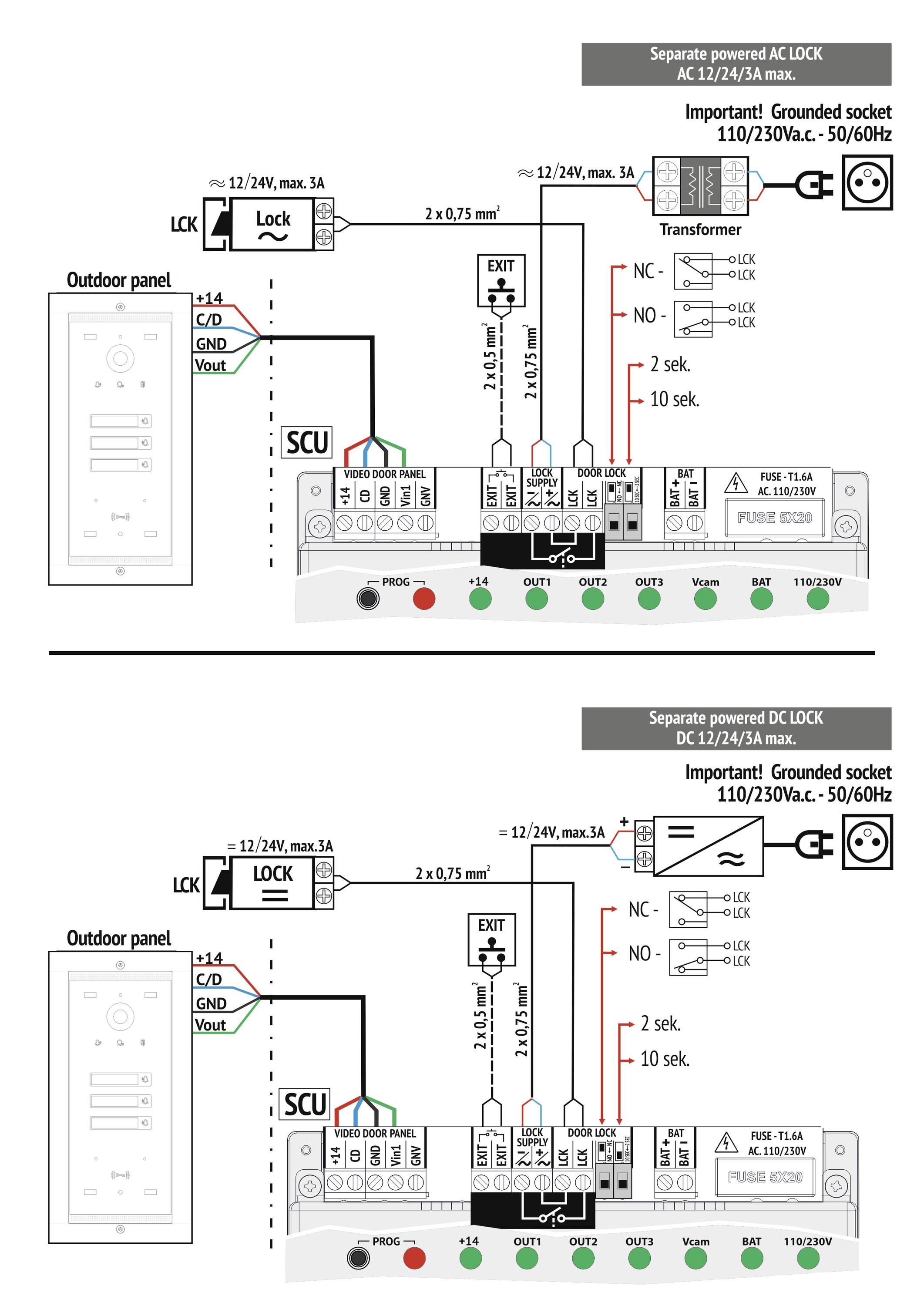 Diagramma tecnico per il cablaggio e il collegamento di un sistema di serratura elettrica con AC/DC, che mostra connessioni, componenti e specifiche temporali.