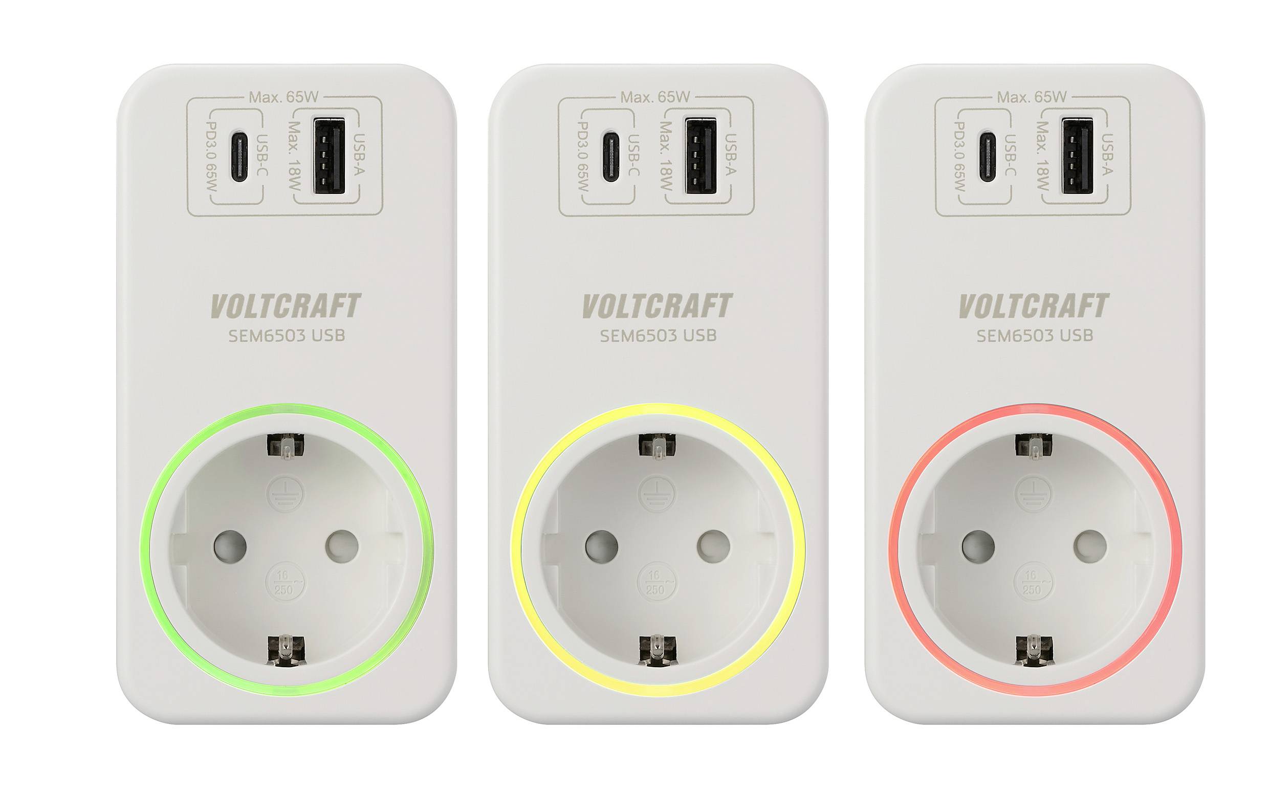 Tre prese intelligenti Voltcraft con illuminazione LED diversa: Rossa, Gialla e Verde intorno alle prese.