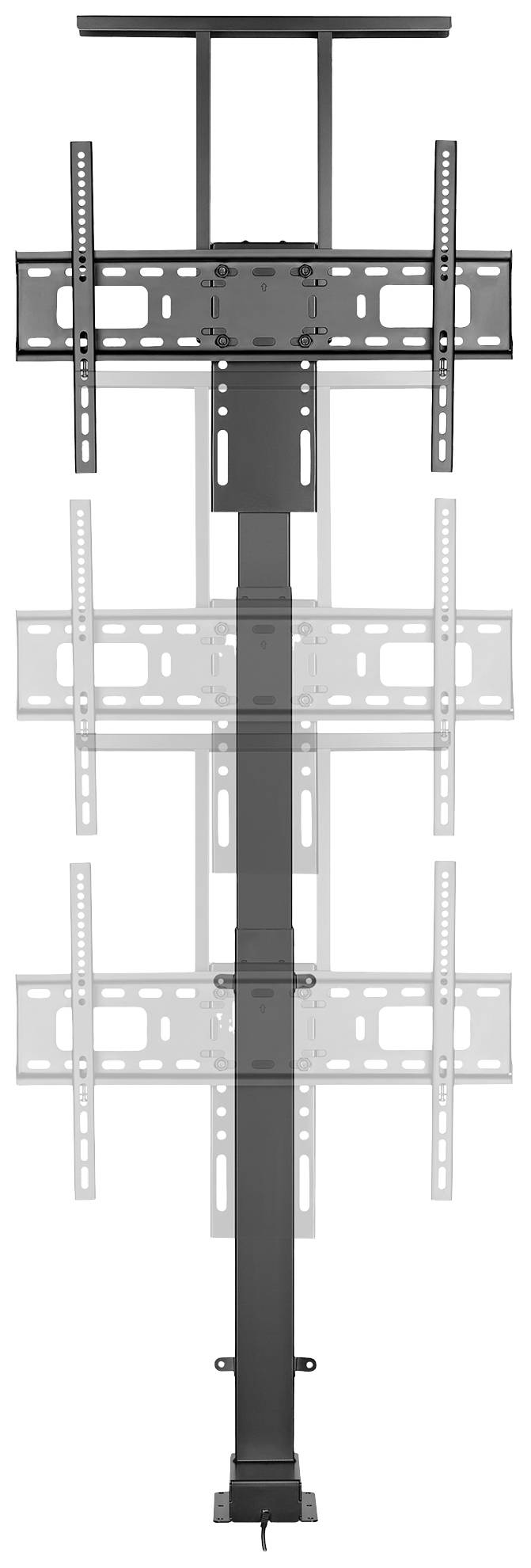 Supporto da soffitto per televisori, regolabile in altezza. Costruito in modo robusto con traverse in metallo, adatto a diverse dimensioni di TV.