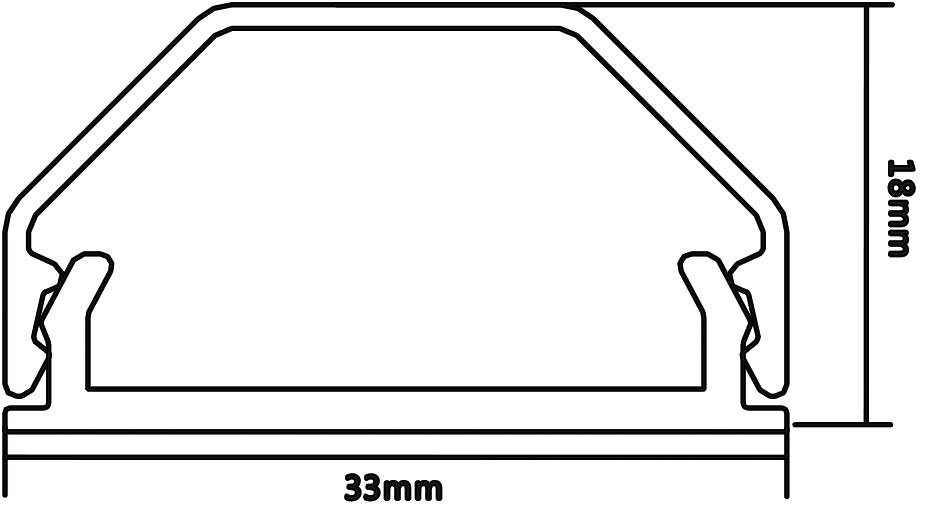 Disegno tecnico di un profilo in alluminio con larghezza di 33 mm e altezza di 18 mm. Profilo squadrato con angoli arrotondati.