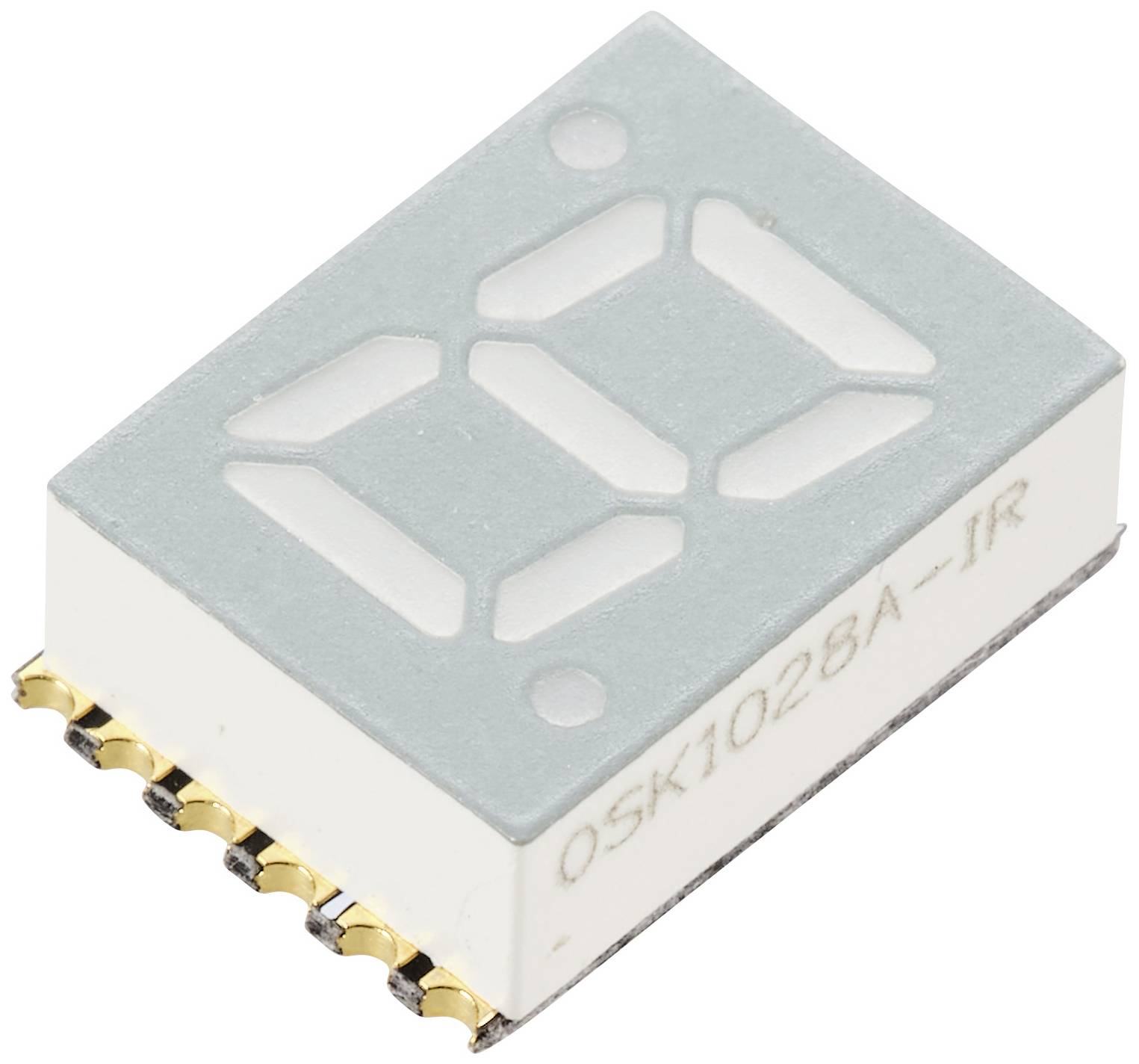 Un modulo display a 7 segmenti digitale con pin e una parte anteriore grigia per la visualizzazione di numeri.