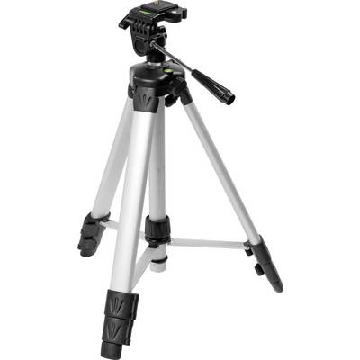 Un treppiede d'argento con testa nera, gambe regolabili e una bolla di livello in cima per stabilizzare la fotocamera.
