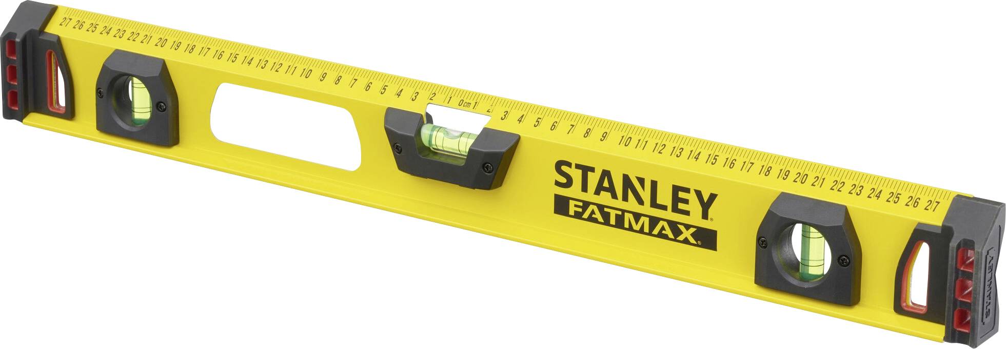 Livella a bolla di colore giallo con stampa del marchio 'Stanley Fatmax'. Dotata di bolle per l'allineamento orizzontale e verticale.