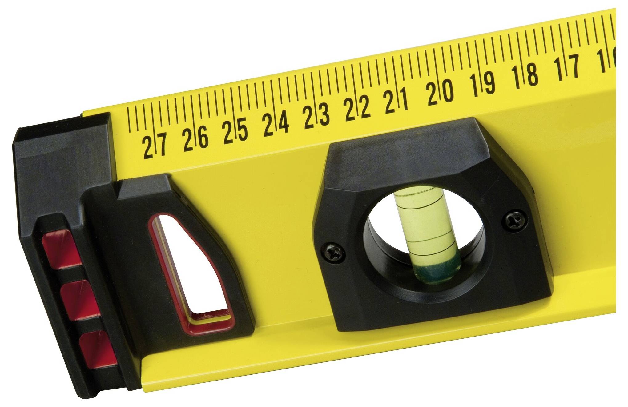 Livella a bolla con righello giallo, numeri da 14 a 29. La fiala cilindrica al centro indica il livello corretto.