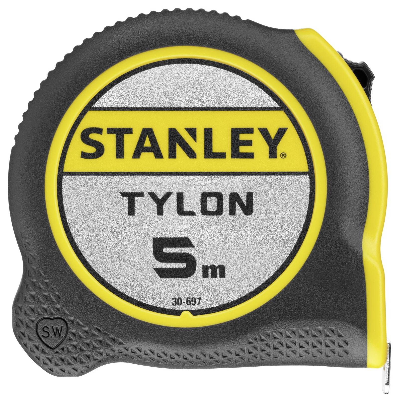 Nastro metrico nero e giallo con la scritta 'Stanley Tylon 5 m'.