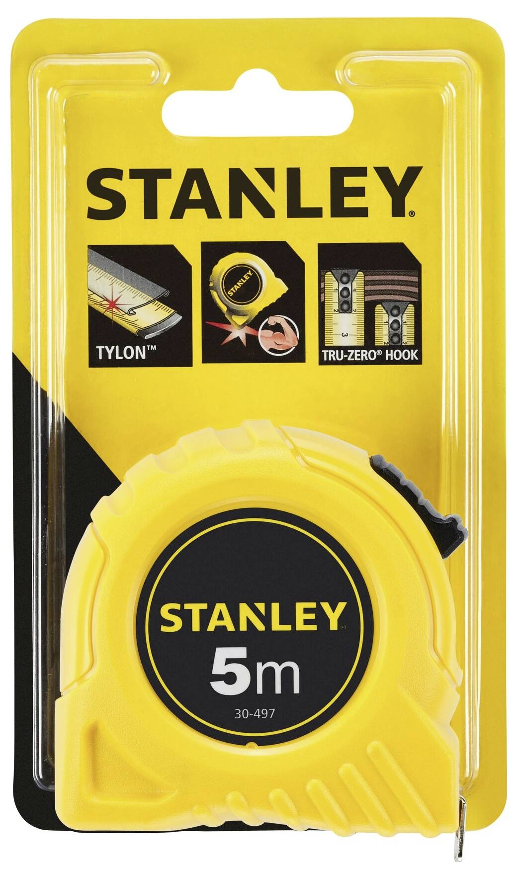 Nastro metrico giallo Stanley, 5 metri, in confezione originale con illustrazioni sulla rivestimento Tylon e ganci Tru-Zero.