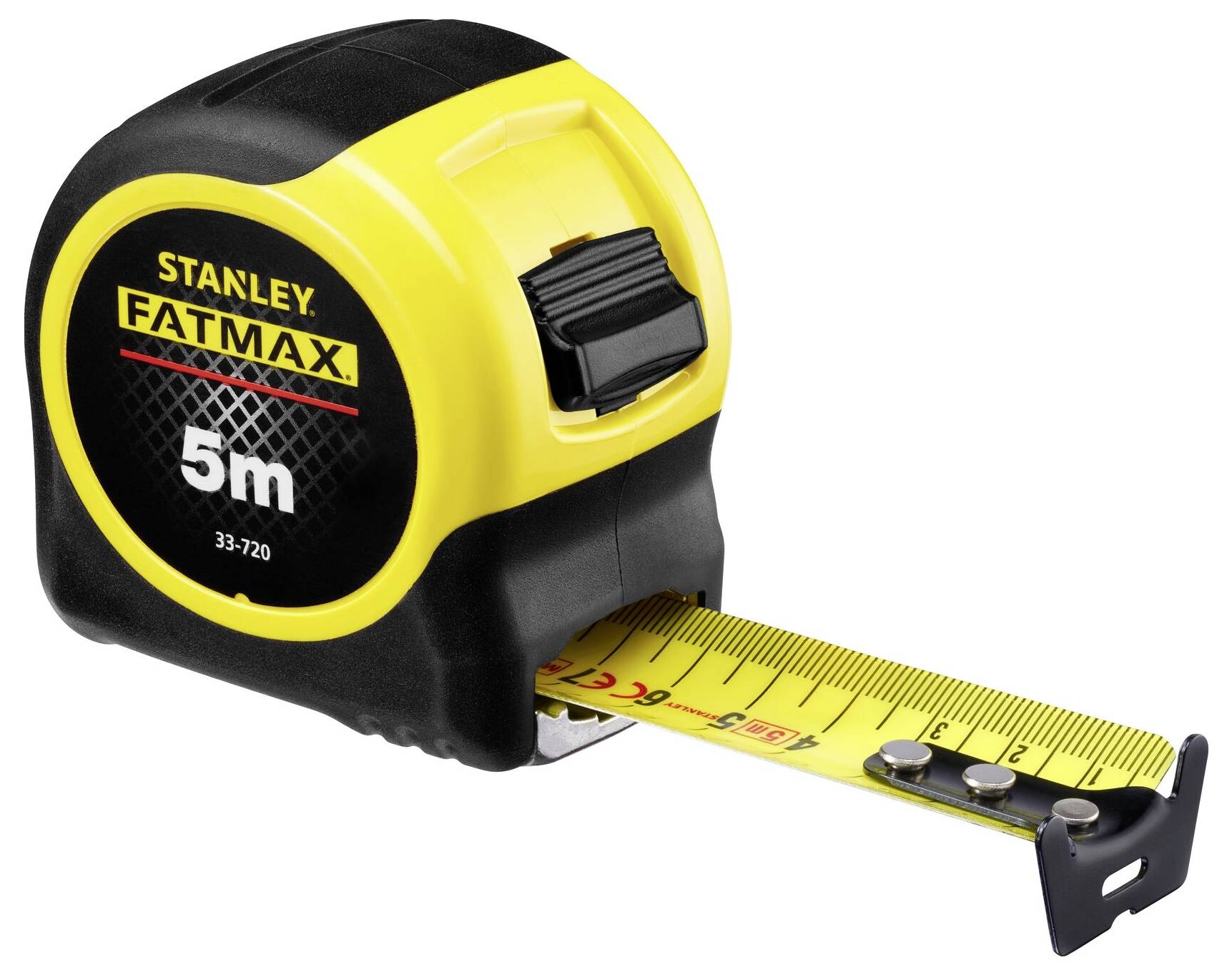 Nastro metrico giallo della marca Stanley Fatmax da 5 metri, parzialmente estratto, su sfondo bianco.