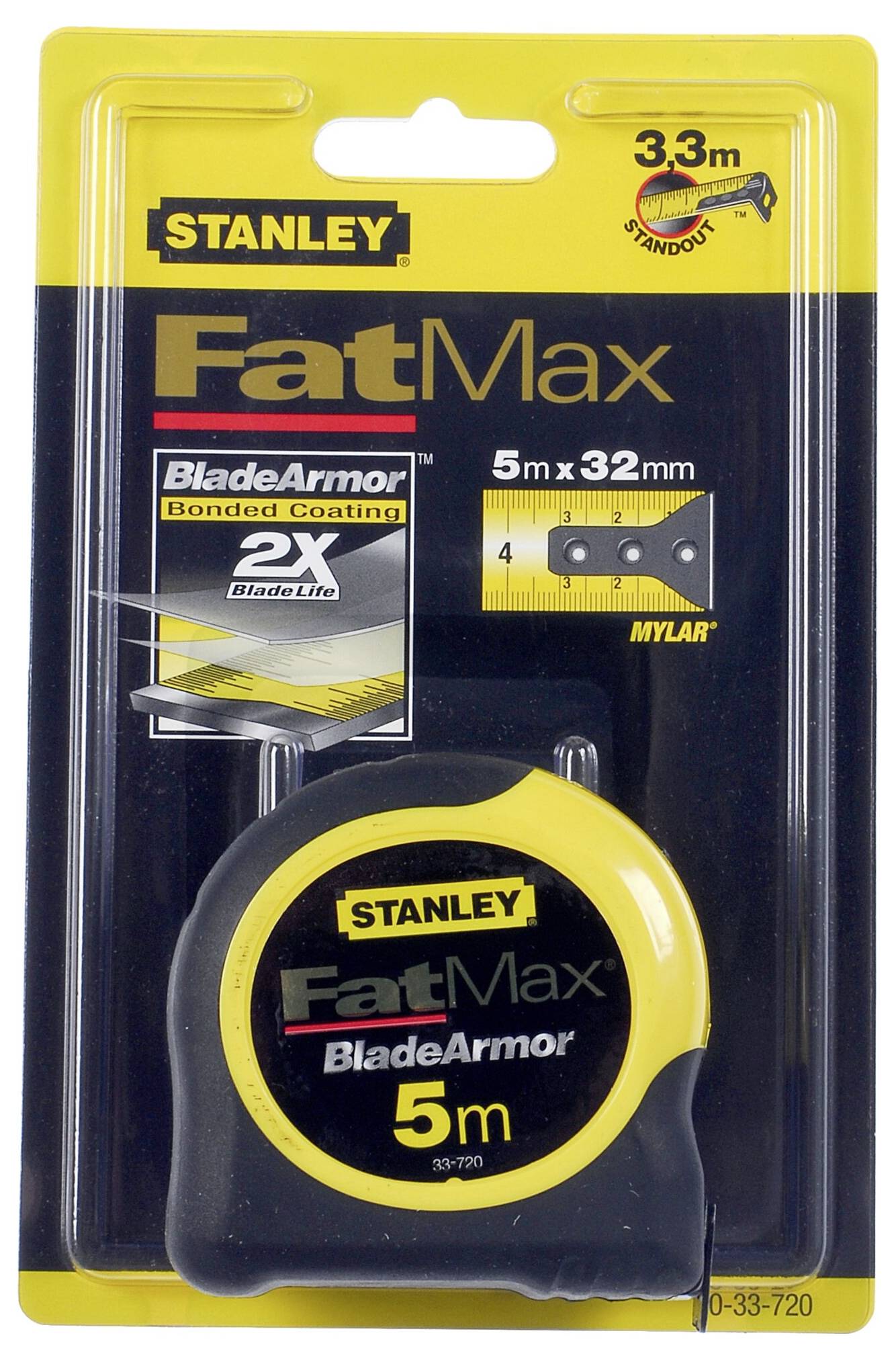 Flessometro 'Stanley FatMax', 5 m x 32 mm, con rivestimento 'BladeArmor' per una durata della lama doppia, confezionato in blister.