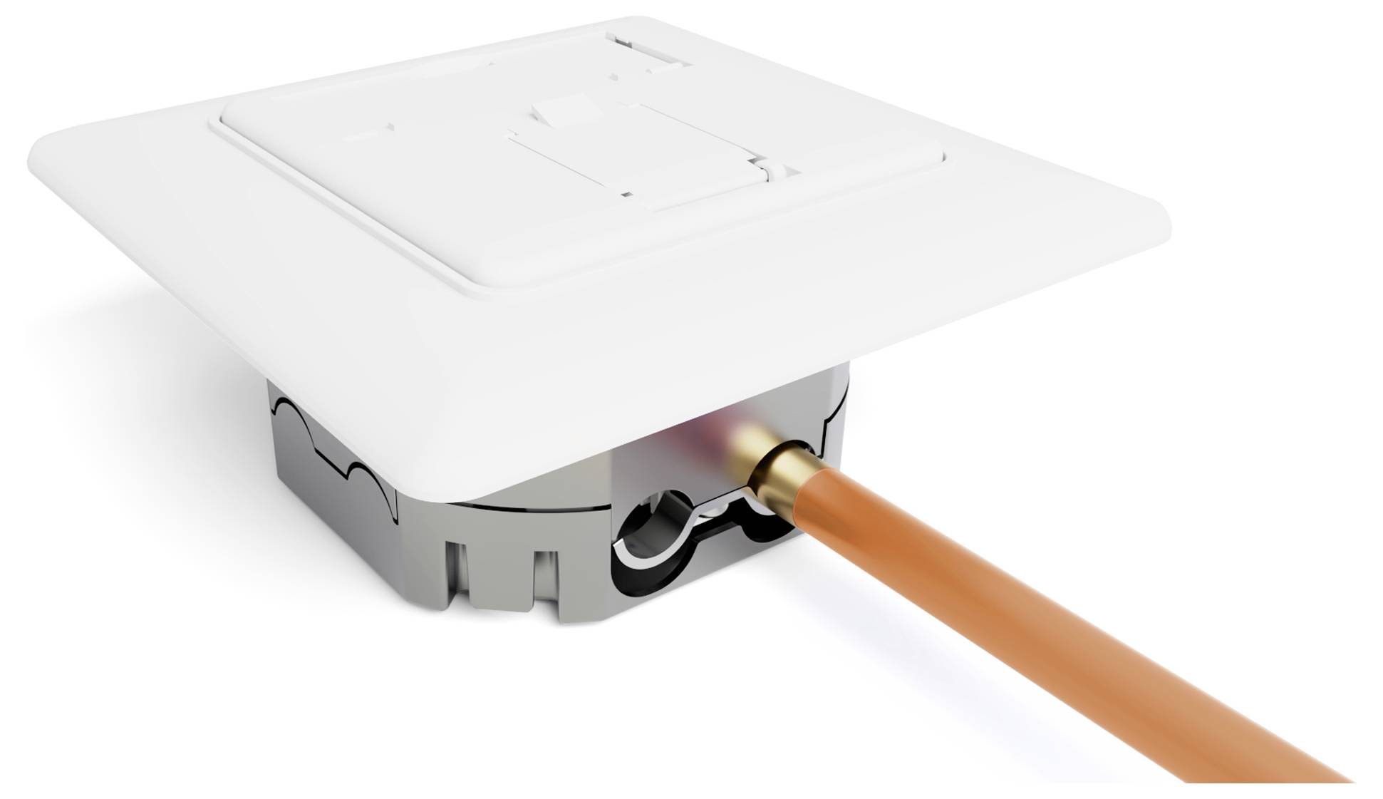 Una griglia di ventilazione bianca montata a soffitto con un condotto arancione collegato, progettata per la distribuzione dell'aria nei sistemi di riscaldamento, ventilazione e condizionamento (HVAC).