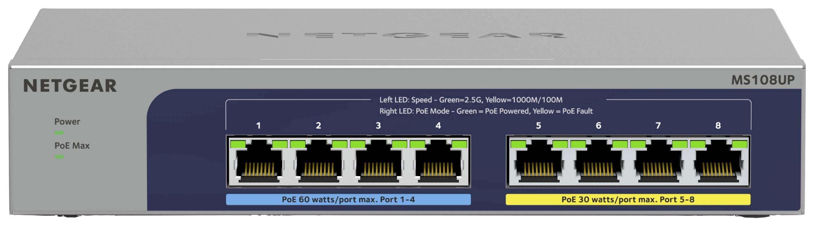 Switch di rete con otto porte Ethernet, marca 'NETGEAR' e numero di modello sulla destra. LED visibili per lo stato della connessione e PoE.