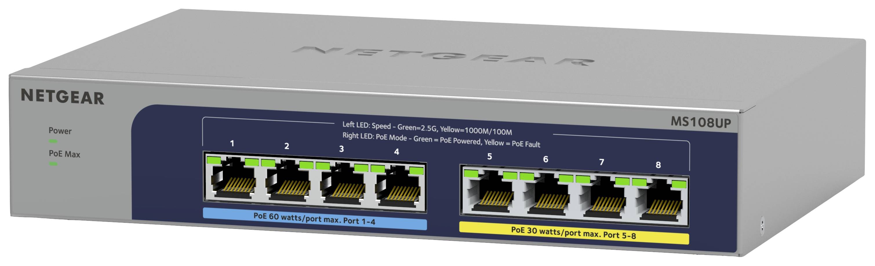 Un switch grigio Netgear con otto porte Ethernet e indicatori LED per lo stato della connessione e capacità Power over Ethernet (PoE).